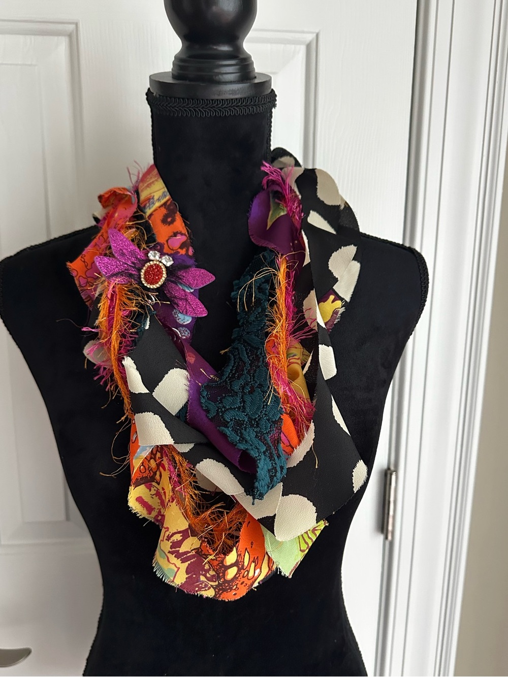 Artisan Boho Fabric Scrap Ribbon Infinity Scarf with Dragonfly Brooch Pin